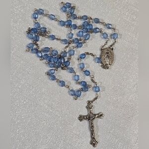 Vintage Light Blue Beaded Miraculous Medal Rosary with Silver Cross